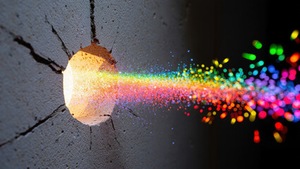 Poster - A cracked wall with a hole emitting a stream of vibrant colorful light particles into the darkness
