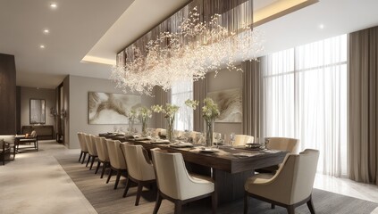 Fototapete - Stylish dining room with a modern chandelier, long table, and soft neutral decor.
