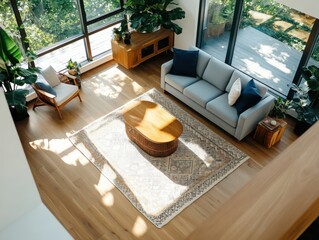 Poster - Cozy living room design modern home interior photography bright environment aerial view relaxation concept