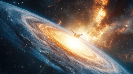 Poster - Exploring cosmic phenomena spacecraft observing a galaxy's birth outer space digital art vast universe awe-inspiring concept