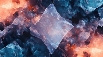 Poster - Melting ice cube on fiery background abstract art digital creation vivid colors aerial view conceptual design