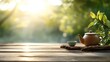 © Lazar - A rustic clay teapot with a matching cup sits on a weathered wooden table, surrounded by greenery and warm sunlight, inviting relaxation and connection with nature.