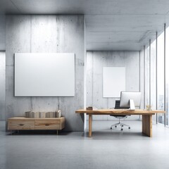 Fototapete - Neat office with wooden desk, empty whiteboard frame, and organized shelves for efficient planning.