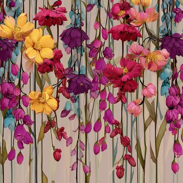 Vibrant Botanical Composition with Pressed Flowers and Ink Sketches on Vintage Book Page