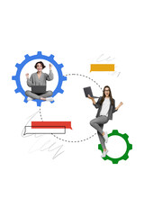 Poster - Poster collage artwork of two happy cheerful girls celebrating successful startup gear wheel settings isolated on drawing background