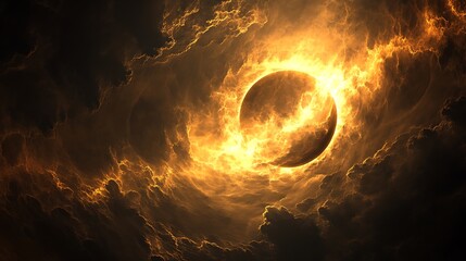 Wall Mural - Fiery cosmic eclipse appears in a swirling celestial sky filled with gold and dark clouds