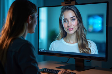 Poster - Aerial View of a Young Woman Engaging in a Video Conference with a Holographic Projection of Her Colleague Above her Desk.