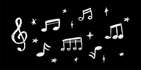 Poster - Vector illustration of white music notes and stars in charcoal scribble style. Cute childish music school pastel or wax pencil signs. Handwritten pop elements on black for kindergarten designs.