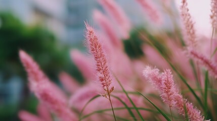 Poster - Beautiful pink grasses swaying in the breeze at sunset in an urban garden setting