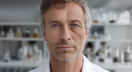 Poster - A man stands in a modern laboratory, demonstrating a striking contrast between his youthful features and aged appearance. This highlights advancements in technology that promote innovation in youth.