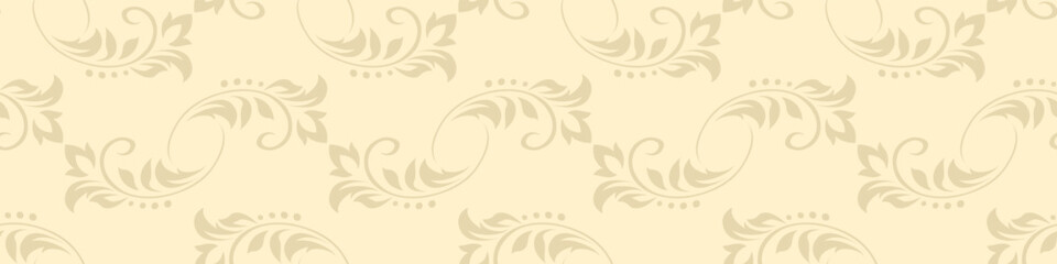 Wall Mural - Vintage seamless plant pattern of beige stylized leaves, flowers and curls. Retro style. Vector backdrop, texture for victorian wallpapers, wrapping paper, fabric