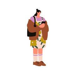 Poster - Woman using mobile phone. Young female standing outdoors, holding smartphone in hand, texting, searching online. Girl with cellphone on street. Flat vector illustration isolated on white background
