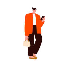 Poster - Business woman with mobile phone in hand. Female standing outdoors, holding smartphone. Girl texting online, searching internet with cellphone. Flat vector illustration isolated on white background