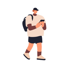 Poster - Man walking with mobile phone in hands. Young male holding smartphone, going outdoors with backpack. Guy texting online in internet, urban style. Flat vector illustration isolated on white background