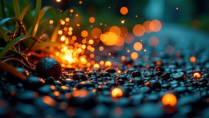Wall Mural - Blurry image of a rocky area with a plant in the foreground. The image has a dreamy
