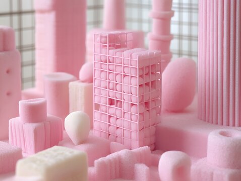 Softscape Dreams: An abstract composition of pink geometric forms in a minimalist style