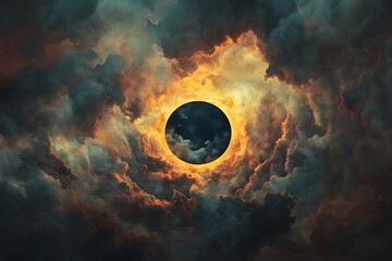 Wall Mural - Abstract celestial event featuring a dark moon encircled by firelike cloud formations is displayed