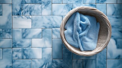 Poster - A neatly folded blue towel rests in a woven basket atop a blue marble patterned tile surface.