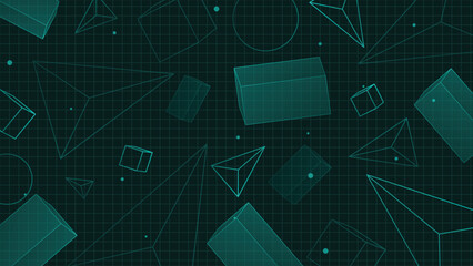 Futuristic geometric background featuring transparent 3D shapes and grid lines ideal for digital design science and tech concepts