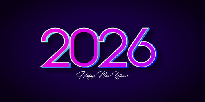 Happy New Year 2026 greeting design with 3d purple numbers and black background