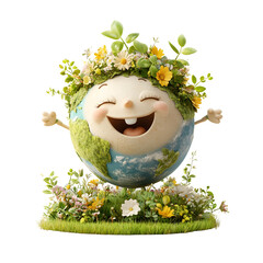 Aufkleber - A whimsical 3D rendered cartoon flower character cheerfully dancing on top of a smiling vibrant cartoon planet Earth surrounded by lush vegetation and a sense of environmental harmony and renewal