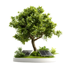 Poster - A 3D rendered futuristic tree with solar panels integrated into its branches representing the of renewable energy technology and nature