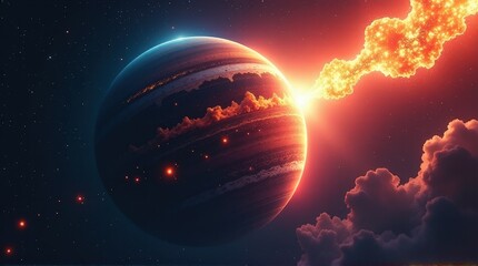 Wall Mural - Fiery cosmic collision illuminating alien planet with galactic clouds and space atmosphere. magnetic storm