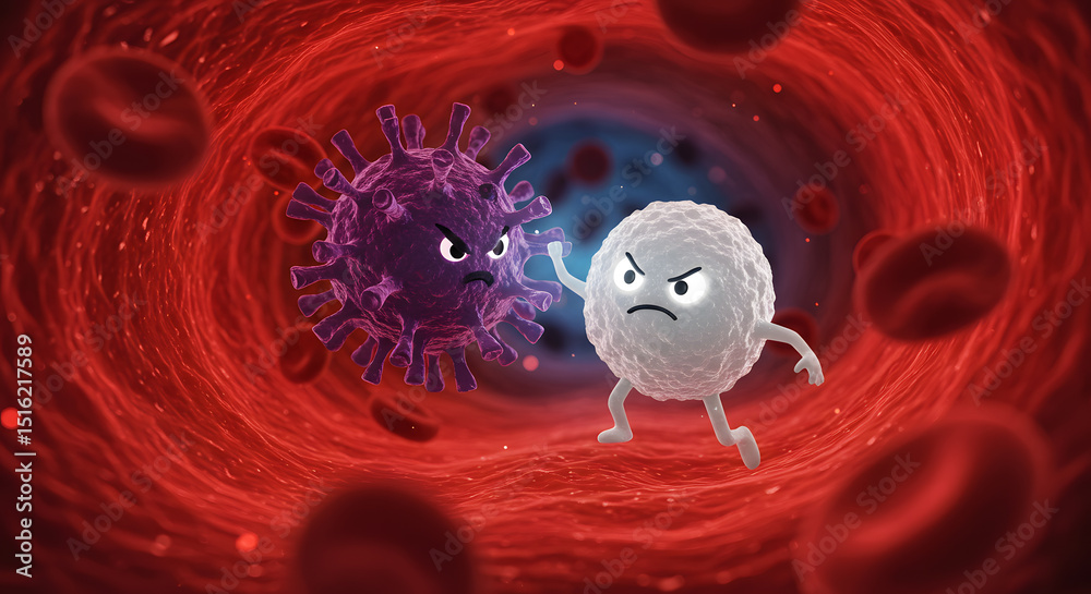 Microscopic Battle White Blood Cell vs. Virus in Human Blood Vessel ...