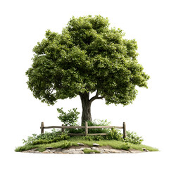 Poster - A lush green tree stands alone on a grassy mound surrounded by a wooden fence and cobblestone pathway set against a clean white background