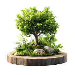 Aufkleber - A lush green tree growing through a circular cutout in a minimalist wooden display creating a serene and natural focal point