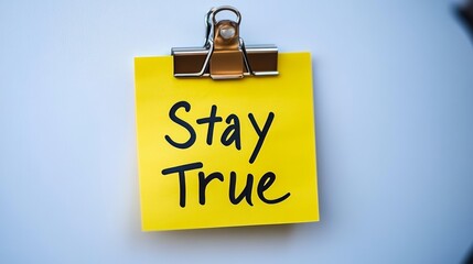 Poster - Yellow Sticky Note With Stay True Reminder Word. Motivational Message On White Background.