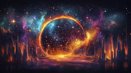 Wall Mural - eternal gate a cosmic portal, cityscape, and nebula in space exploration, digital art