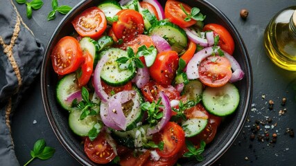 Poster - A colorful bowl filled with fresh vegetables including tomatoes, cucumbers, and onions