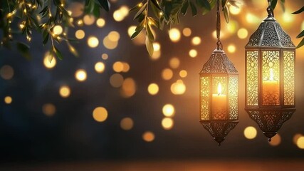Aufkleber - A pair of lanterns hang from a tree branch, casting warm light in the surrounding area