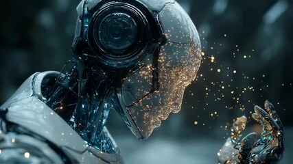 Poster - futuristic robot contemplates digital essence, a blend of technology and introspection in a minimalist atmospheric environment