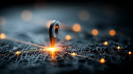 Poster - navigation pin with network connection points illuminating on a detailed dark map, futuristic technology visualization
