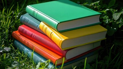 Poster - Stacks of books sit atop a lush green field, perfect for outdoor reading or photography