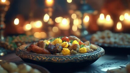 Poster - A plate of food served on a table with candles in the background, suitable for dining or party scenes