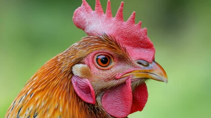 Poster - A close-up view of a rooster's head on a green background, perfect for use in agricultural or nature-themed designs