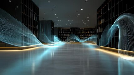 Poster - modern library space illuminated by advanced lighting installation, creating an atmosphere of high technology and refined elegance