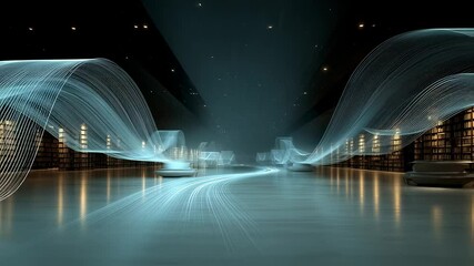 Poster - mesmerizing library spectacle with flowing light streams illuminating knowledge, beckoning exploration and intellectual odyssey for digital creatives