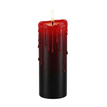 Red and black candle with dripping wax on transparent background
