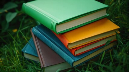 Poster - A stack of books sitting on a vibrant green grassy area, perfect for photography or design use