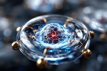 Poster - visual representation of an atom in a vibrant and deep scientific setting