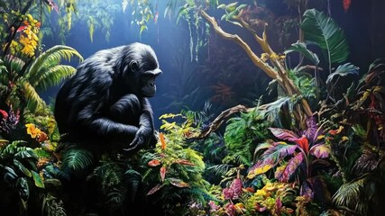 Poster - A gorilla sits in the midst of a dense jungle, surrounded by lush green foliage