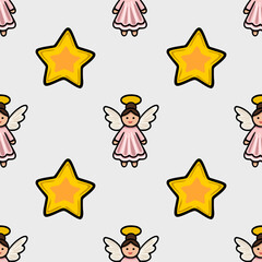 Poster - Seamless vector pattern featuring adorable cartoon angels in pink dresses and golden stars, perfect for festive Christmas or holiday designs.