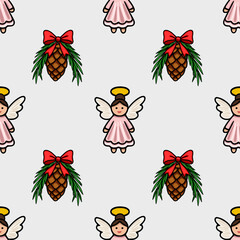Poster - Seamless vector Christmas pattern featuring adorable angels in pink dresses and pine cones adorned with red bows, creating a charming and festive design ideal for holiday projects.