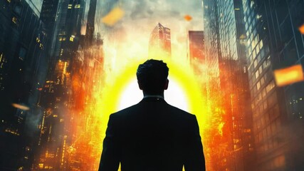 Poster - A man stands in front of a cityscape dominated by tall buildings, representing urban life and modern architecture