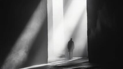 Poster - A person stands in a dimly lit room, illuminated by light streaming through the windows