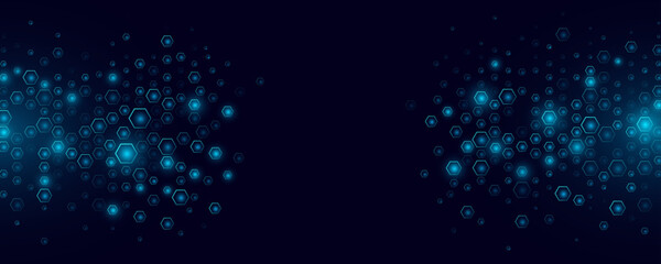 Poster - Abstract dynamic hexagons with light effect for FinTech background. Mosaic of blue cyber honeycomb. Scientific research presentation backdrop for online webinar. Vector Illustration